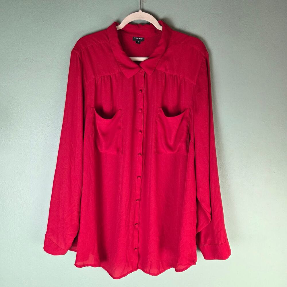 Torrid Blouse Womens 5 Madison Georgette Button-Up Long Sleeve Shirt Red Office